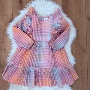 Huxbaby Pink Peach Blue Plaid Ruffle Long Sleeve Kids Dress - Size 7